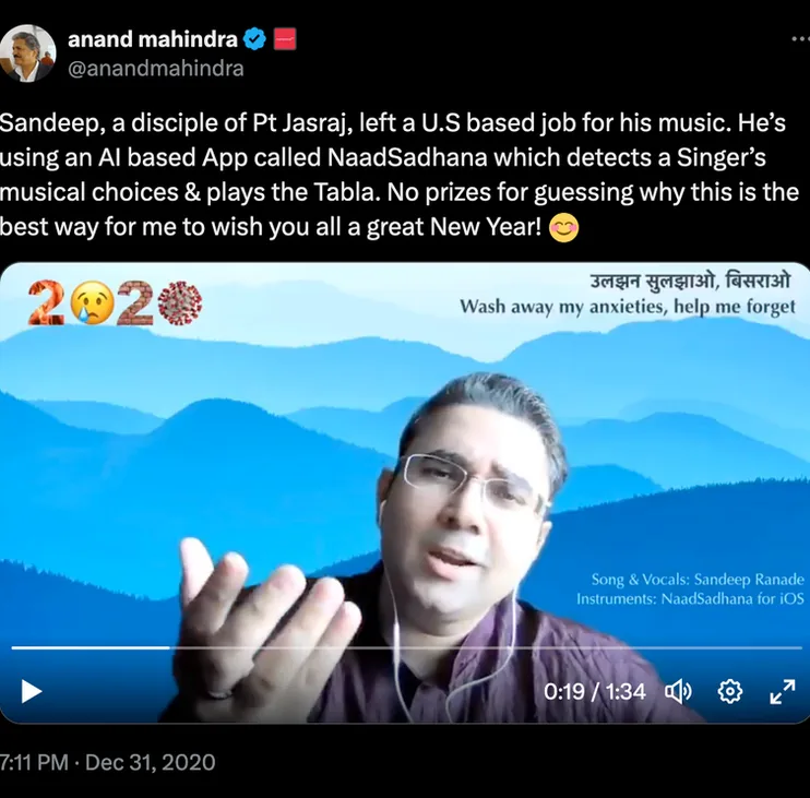 Anand Mahindra's post about Sandeep and NaadSadhana